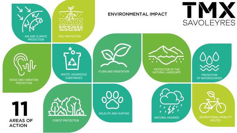 Environmental impact, 11 areas of action, infography